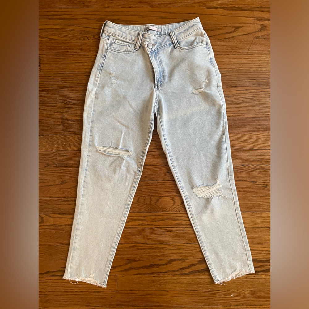 Light Wash Distressed Mom Jeans with Asymmetrical Waistband